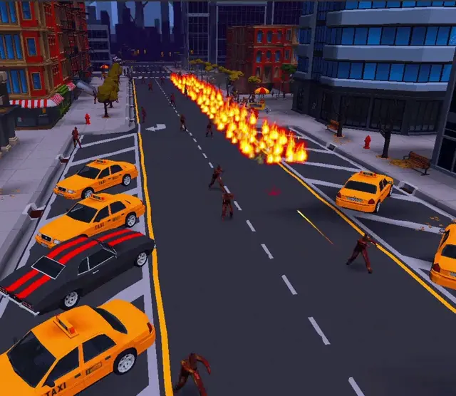 A survivor runs between abandoned cars, aiming into an approaching zombie crowd.